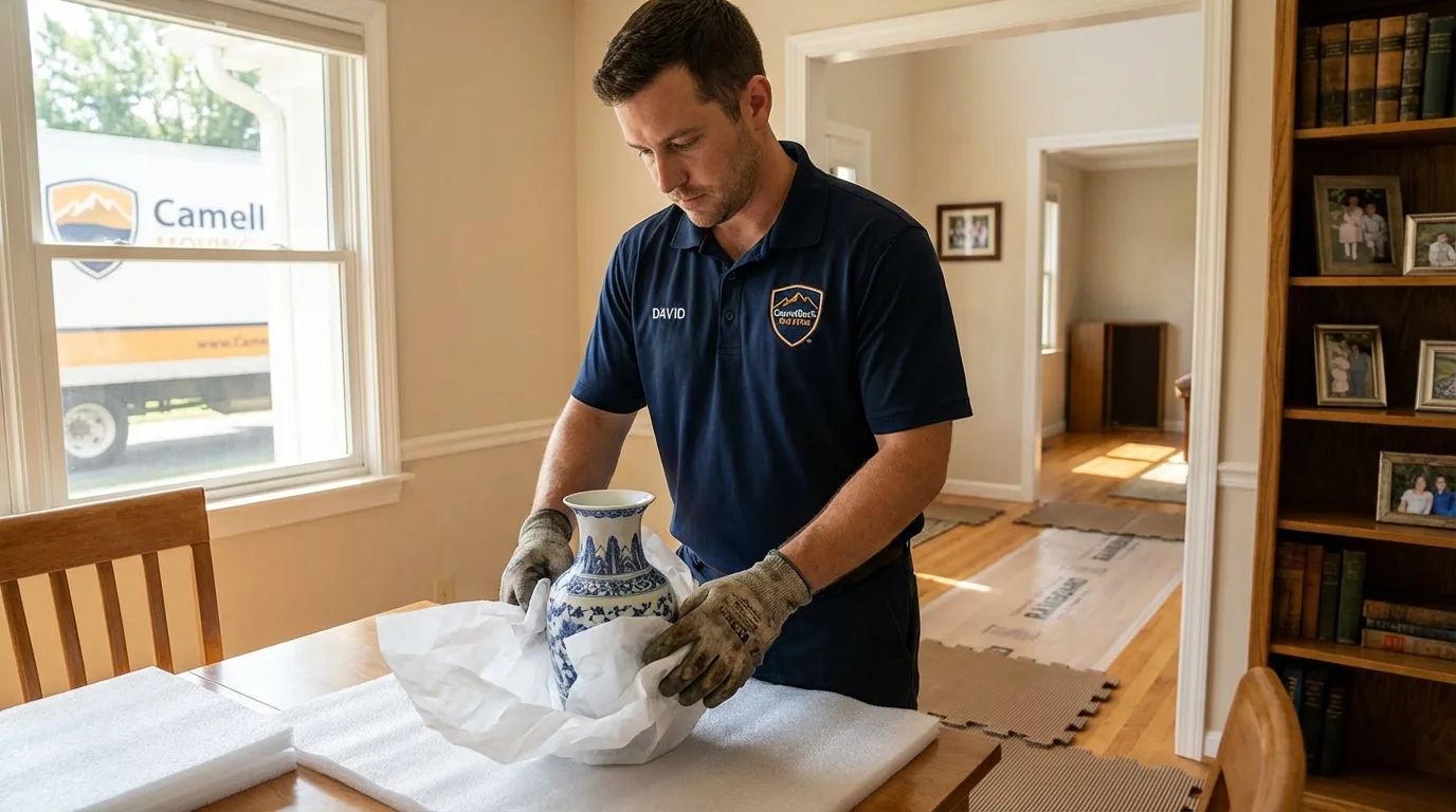 Professional crew carefully wrapping antique vase for senior downsizing move in Owensboro, KY